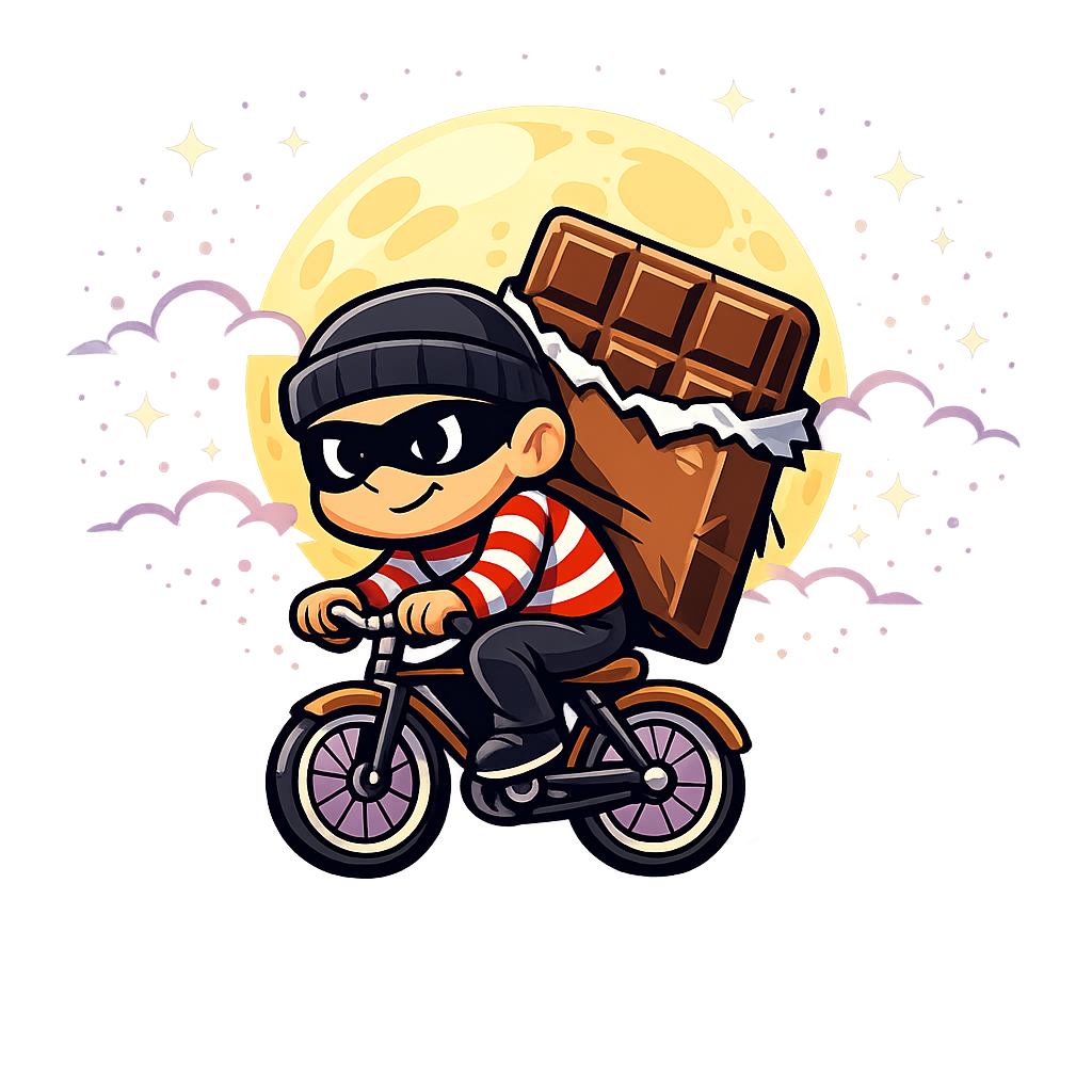 Choco Heist mascot, a masked thief carrying a giant chocolate bar on his back while fleeing on a bicycle under the moon